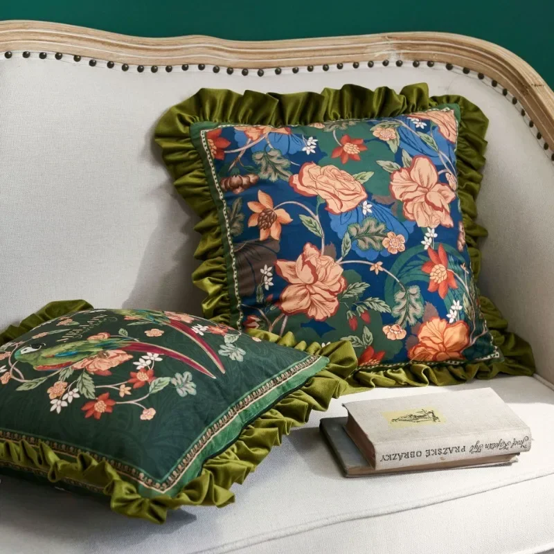 Parrot Print Cushion Case, Flora Bird Pillows, Luxury Velvet, Decorative Pillow Cover for Sofa Chair, Modern Living Room, Home D