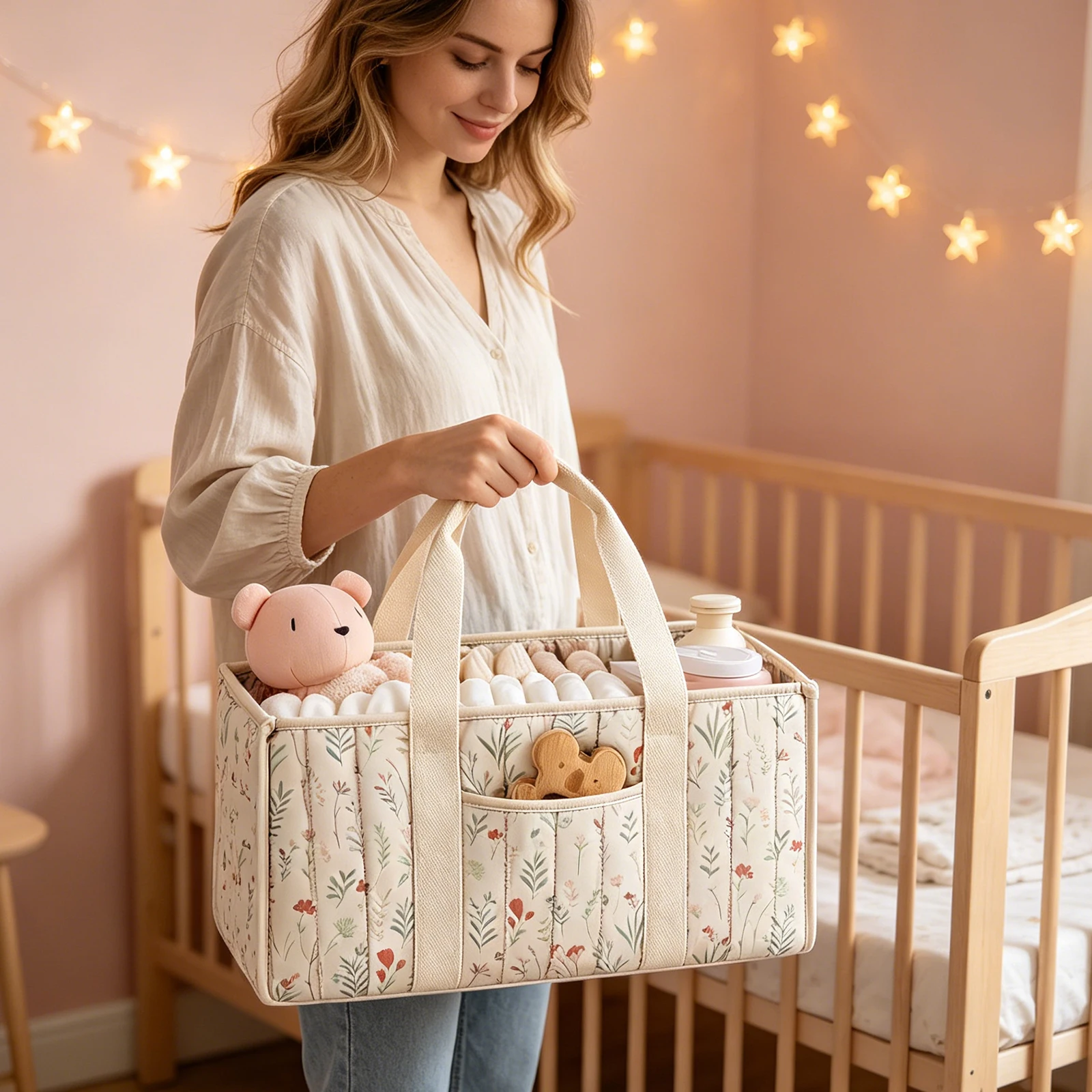Woodland Diaper Caddy Organizer Large Capacity Stylish Nursery Storage Basket Multi-Pocket Mommy Bag for Shower Gift