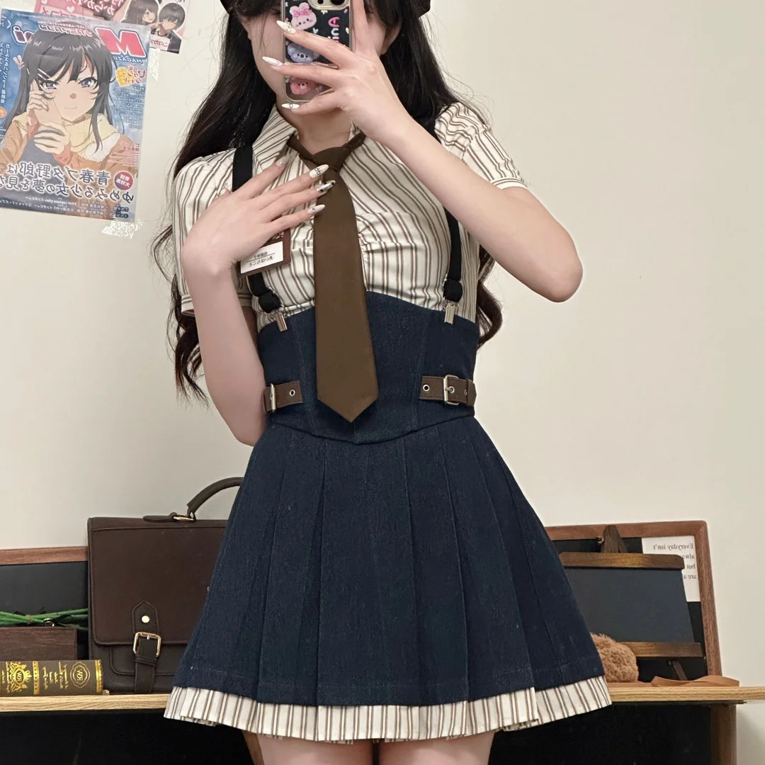 Harajuku Striped Printed Patchwork Mini JK Uniform Women's Y2K Streetwear Summer Japanese Short Sleeve Shirt Suspender Skirt