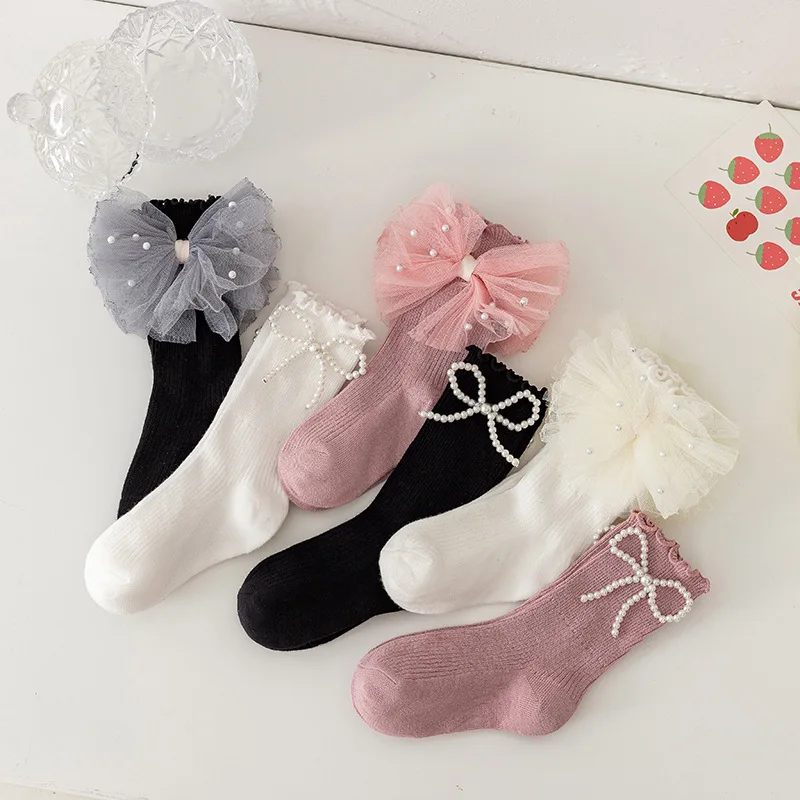 Girl calf socks Long black fungus lovely sweet bowknot pearl cotton socks Toddler combed cotton female baby sock