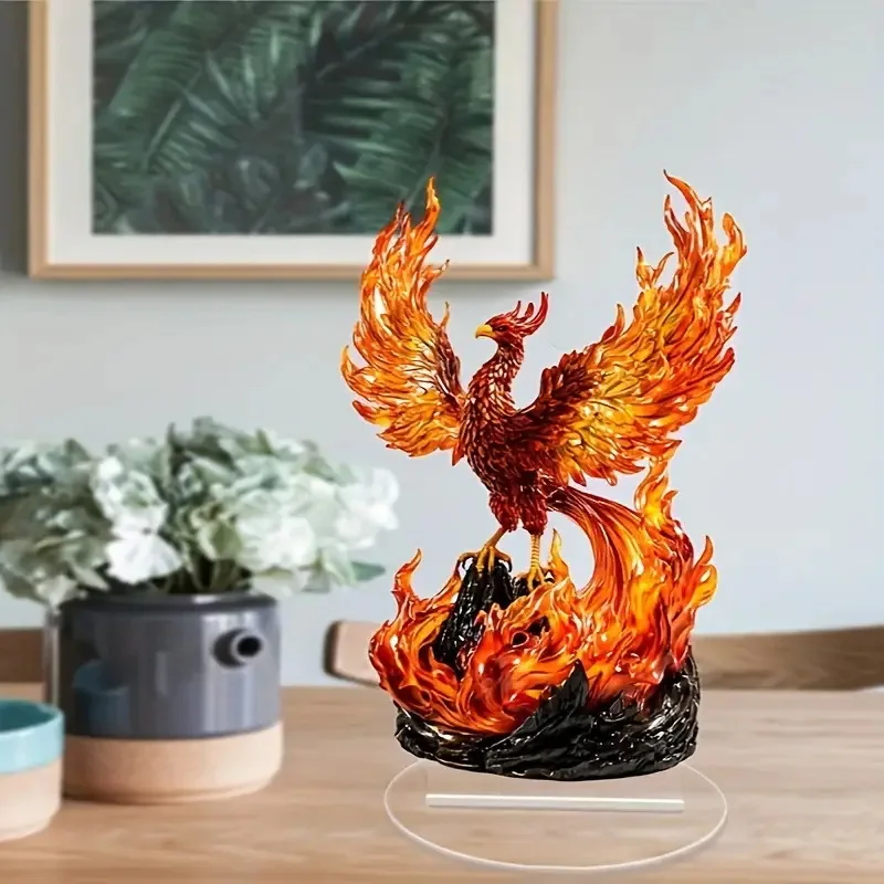 2D Planar Acrylic Red Flame Phoenix Bird Figurine Colorful Flames - A Gift of Strong Vitality Blessing Birthday of A Bird Lover