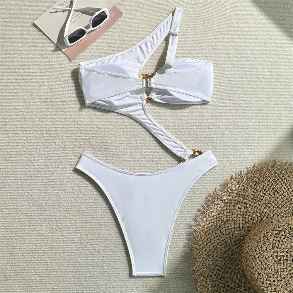 Sexy Rings Hollow Bikini Bandage Backless Monokini Irregular One Shoulder Swimsuit Women Swimwears Beachwear Outfit Bathing Suit