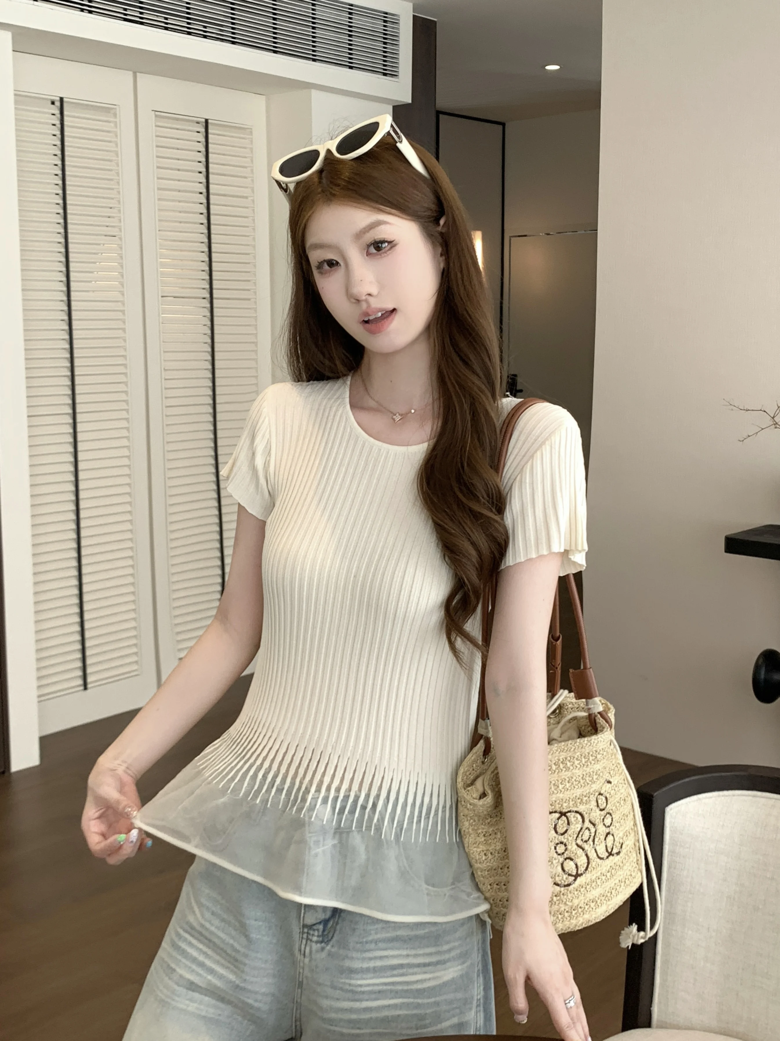 Ice Silk Thin Short Sleeve Knitted Top Women Summer Design Vertical Gradient Waist Slimming Personality Upper Body