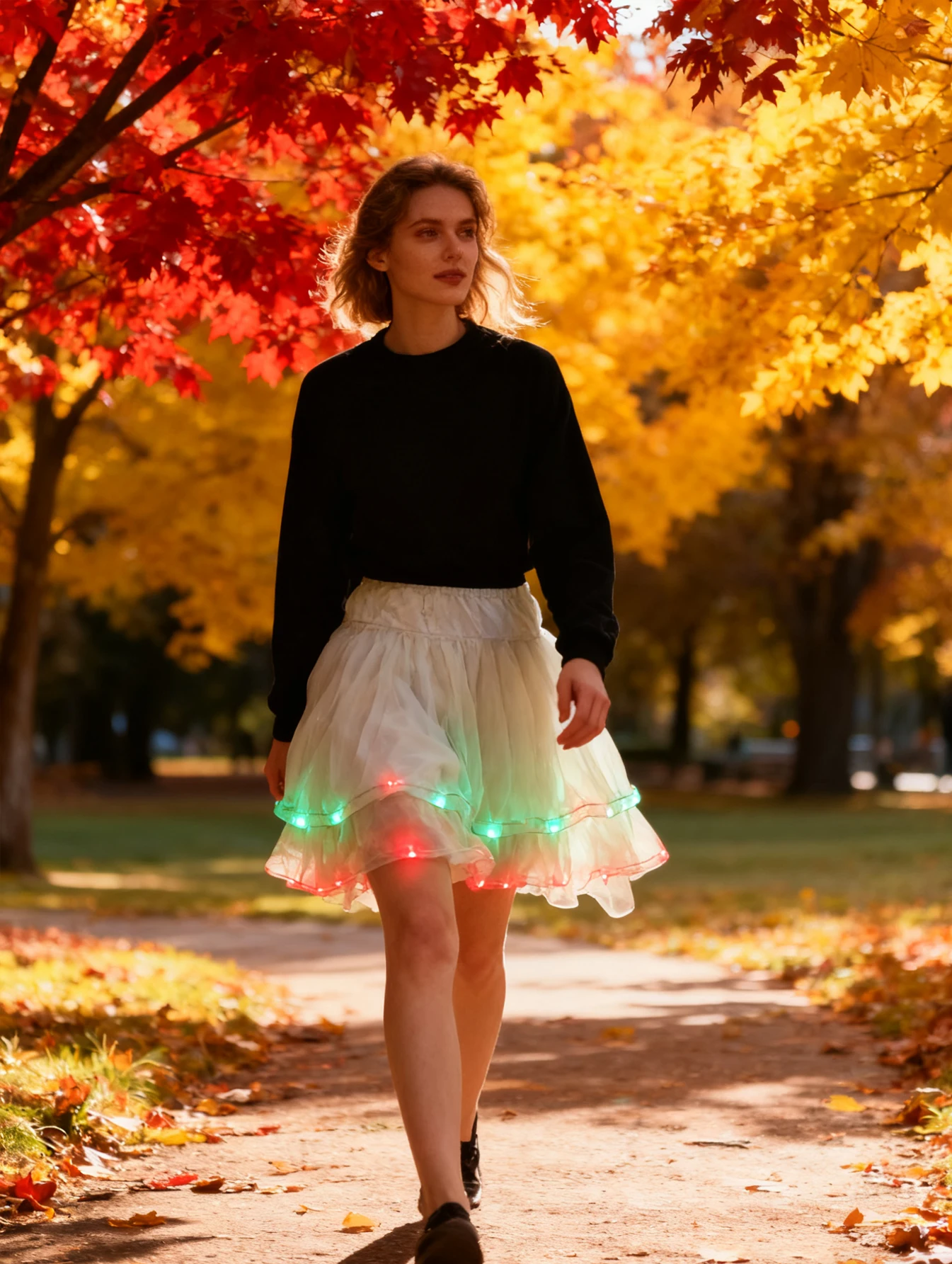 Ein grüner und roter leuchtender Minirock, der sich in einen magischen Wald tritt, mit dem roten Beeren und dem grünen Ranken fließt