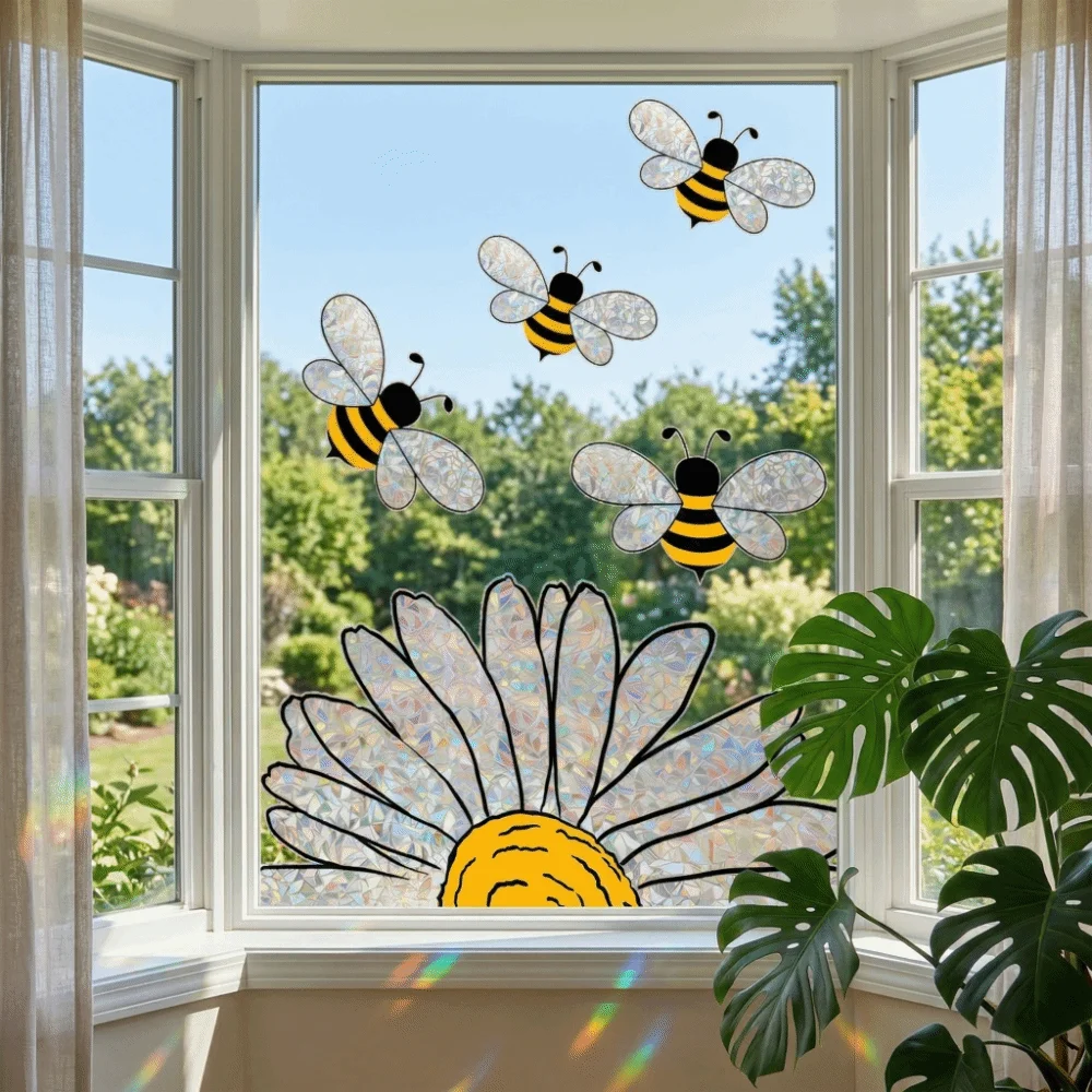 Cute Waterproof Bee Window Stickers Removable DIY Bee Glass Sticker Self-adhesive Home Decor Sunflower Wall Decals Bedroom view 4