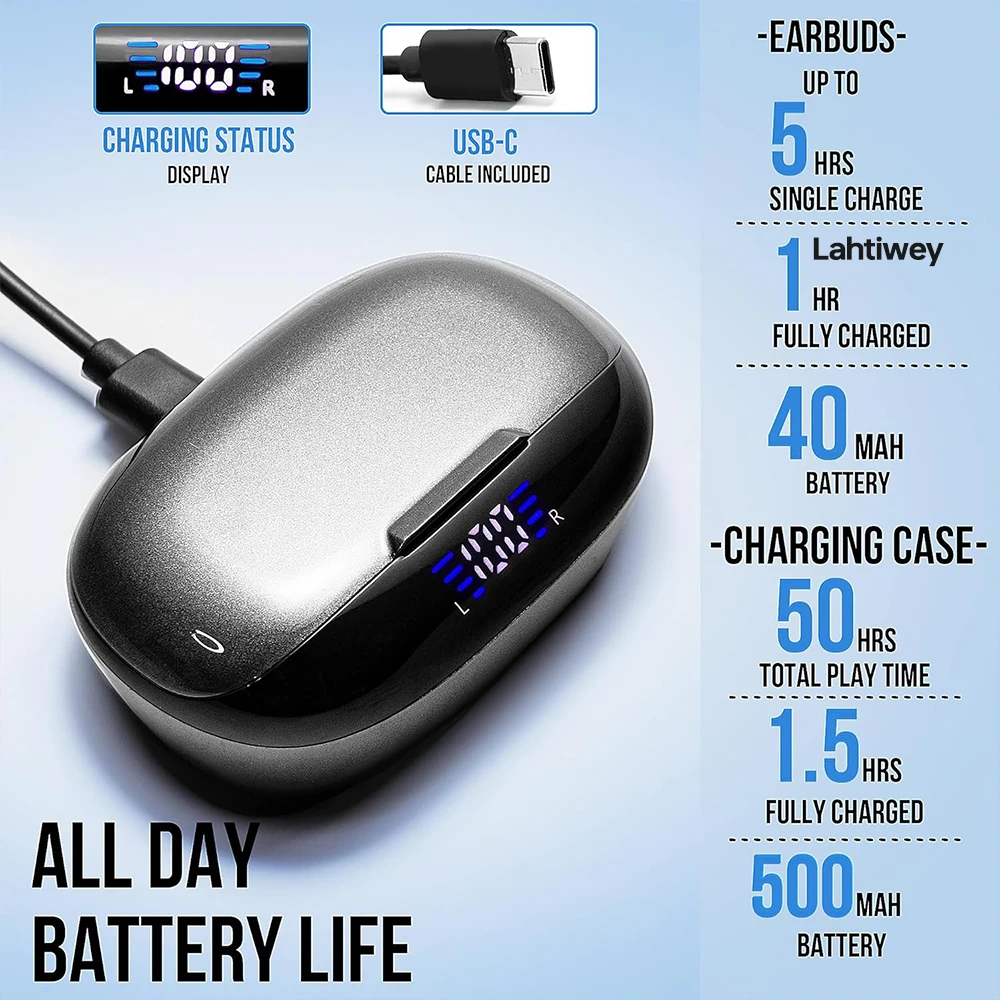 หูฟังพร้อมไมโครโฟน - หูฟังบลูทูธ 5.3 TWS True Wireless Buds กันน้ําพร้อมแบตเตอรี่ 50H และการโทรด้วยเสียงสเตอริโอแบบใส