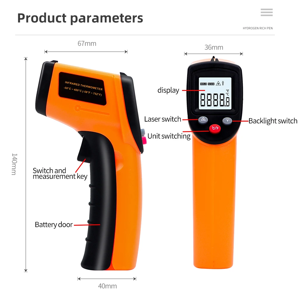 Termómetro infrarrojo electrónico, medidor de temperatura sin contacto láser, pantalla LCD Digital, lectura instantánea, para el hogar, 50-400 ℃