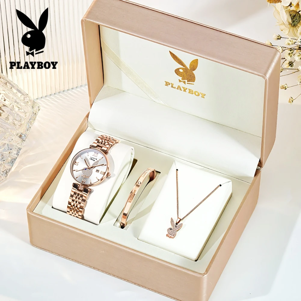 

PLAYBOY 2054 Brand original authentic watch for woman Steel band diamond calendar quartz women's Watch set