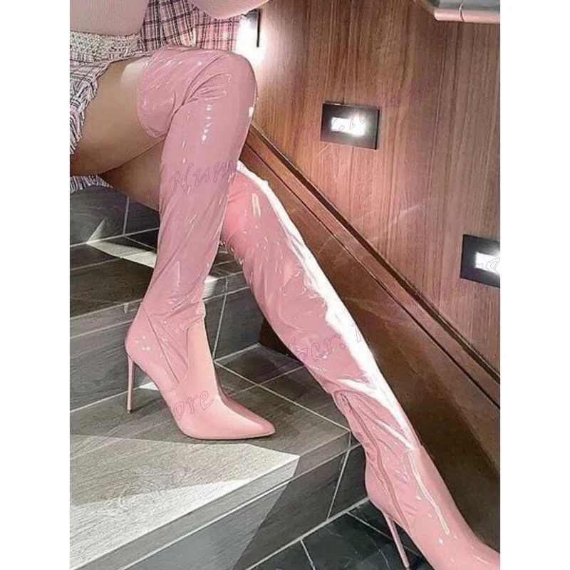 Pink Patent Leather Knee High Boots Pointed Toe Shoes for Women Stilettos High Heels Sexy Lady Shoes 2024 Zapatos Para Mujere