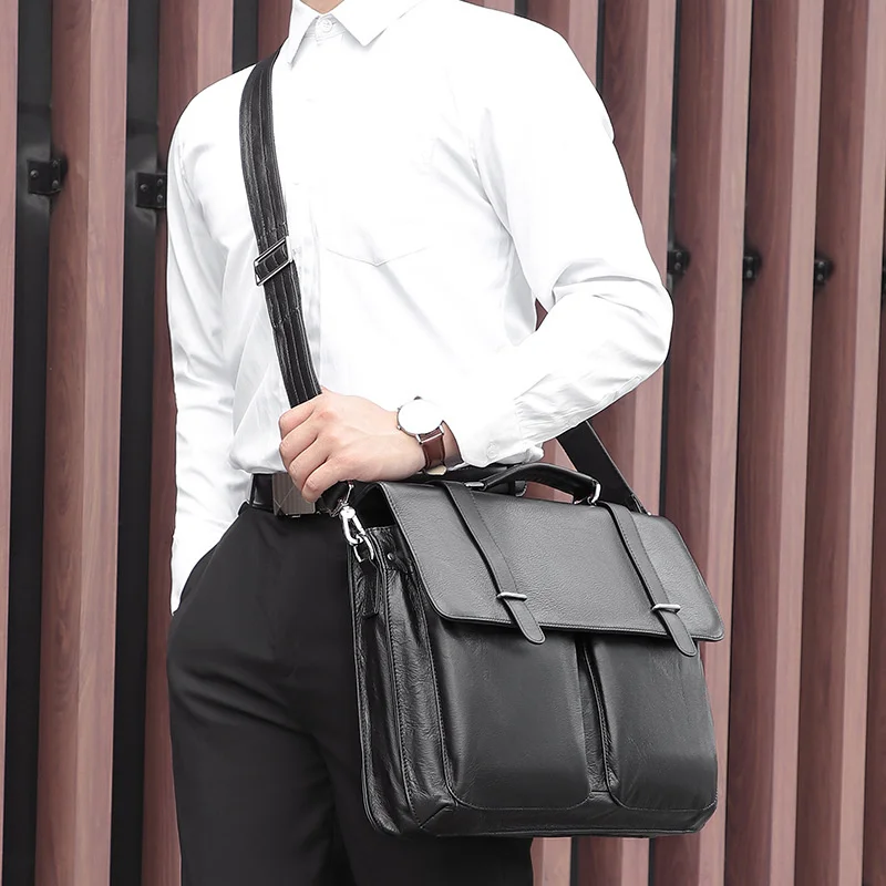 business leather men\'s handbag 14 inch computer bag one shoulder diagonal cross briefcase