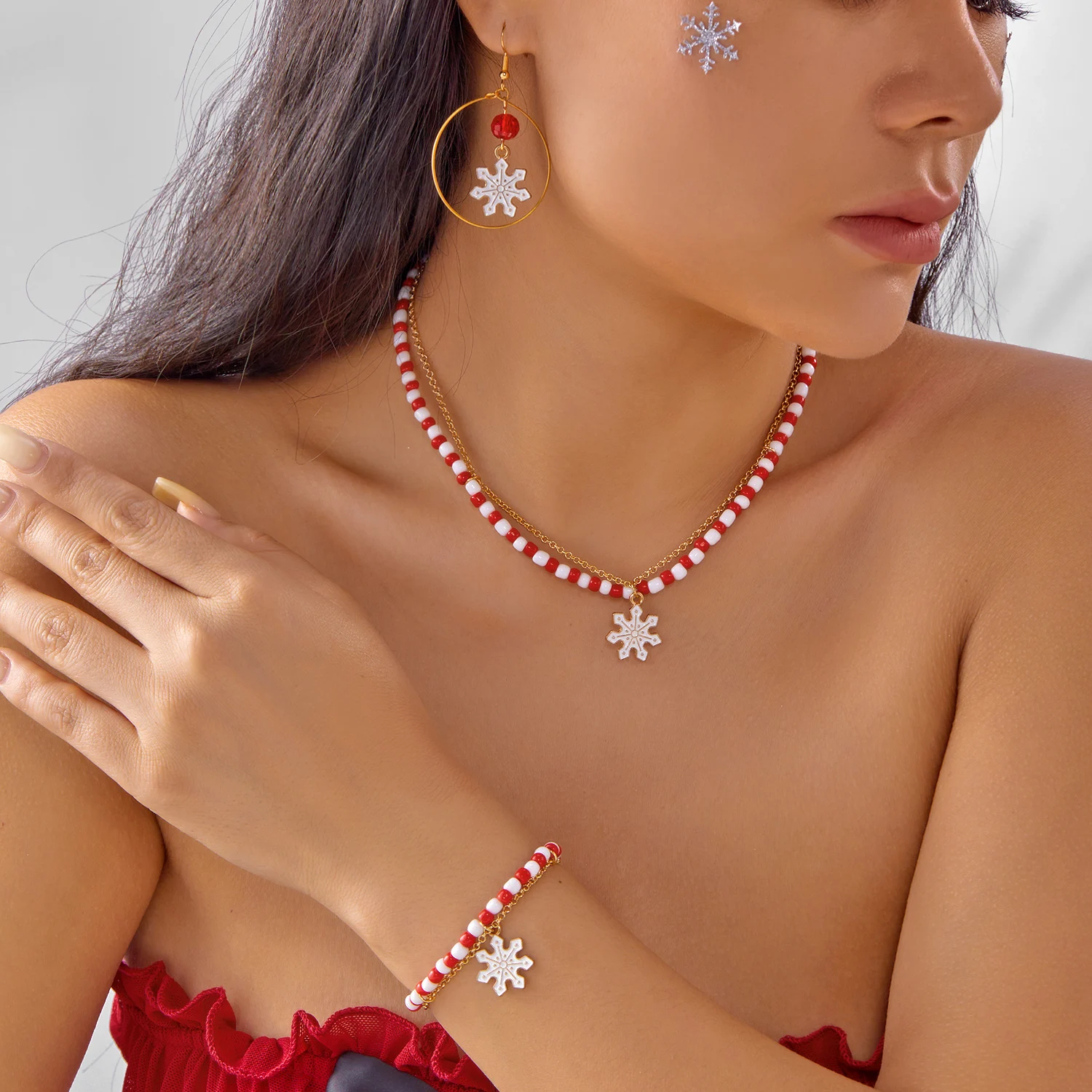 Alluring Christmas Presents for Women Elegant Rice Bead Snowflake Santa Necklace Jewelry  Sets Perfect as Party Accessories