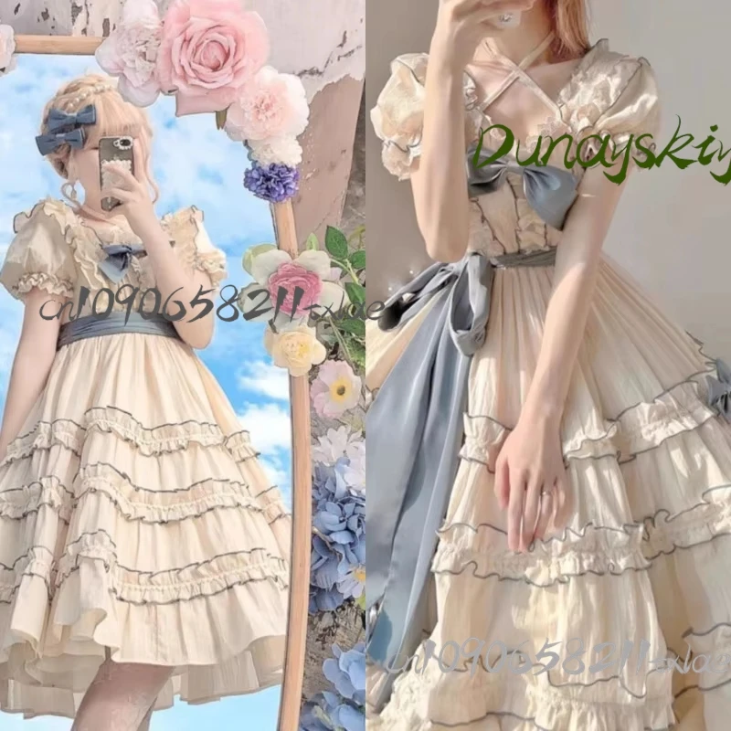 

JK Bow Tie Tied Cake Dresses Lolita Y2K Юбка принцессы Япония Пушистая юбка с рюшами Симпатичные милые французские платья трапециевидной формы для перерыва на чай