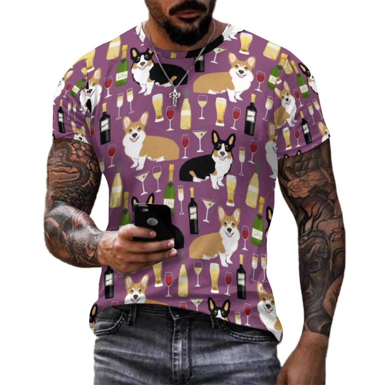 Wine Print T Shirt Corgi Dog Print Cool T Shirts Short Sleeve Design Tshirt Hot Original Funny Oversized Tees