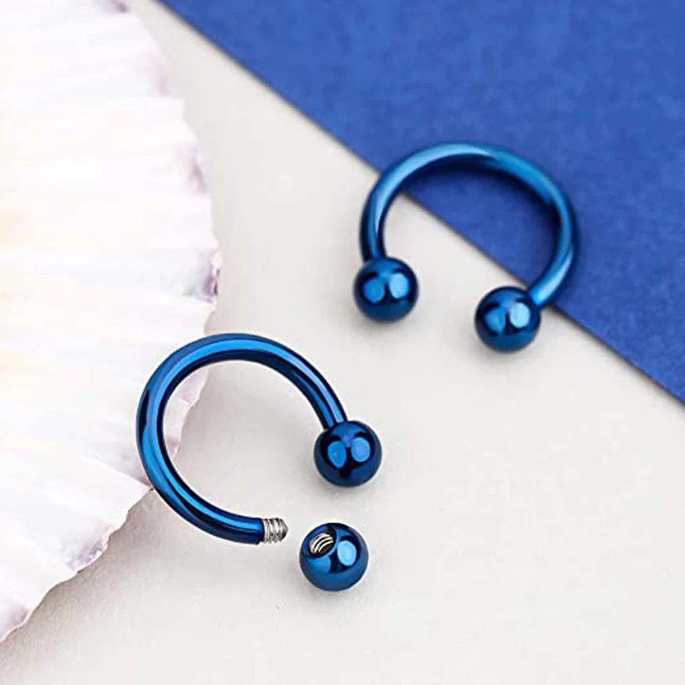 WKOUD 6PCS Horseshoe Circular Barbells Septum Rings 16G Nose Rings Hoop Helix Earrings Eyebrow Body Piercing Jewely Blue