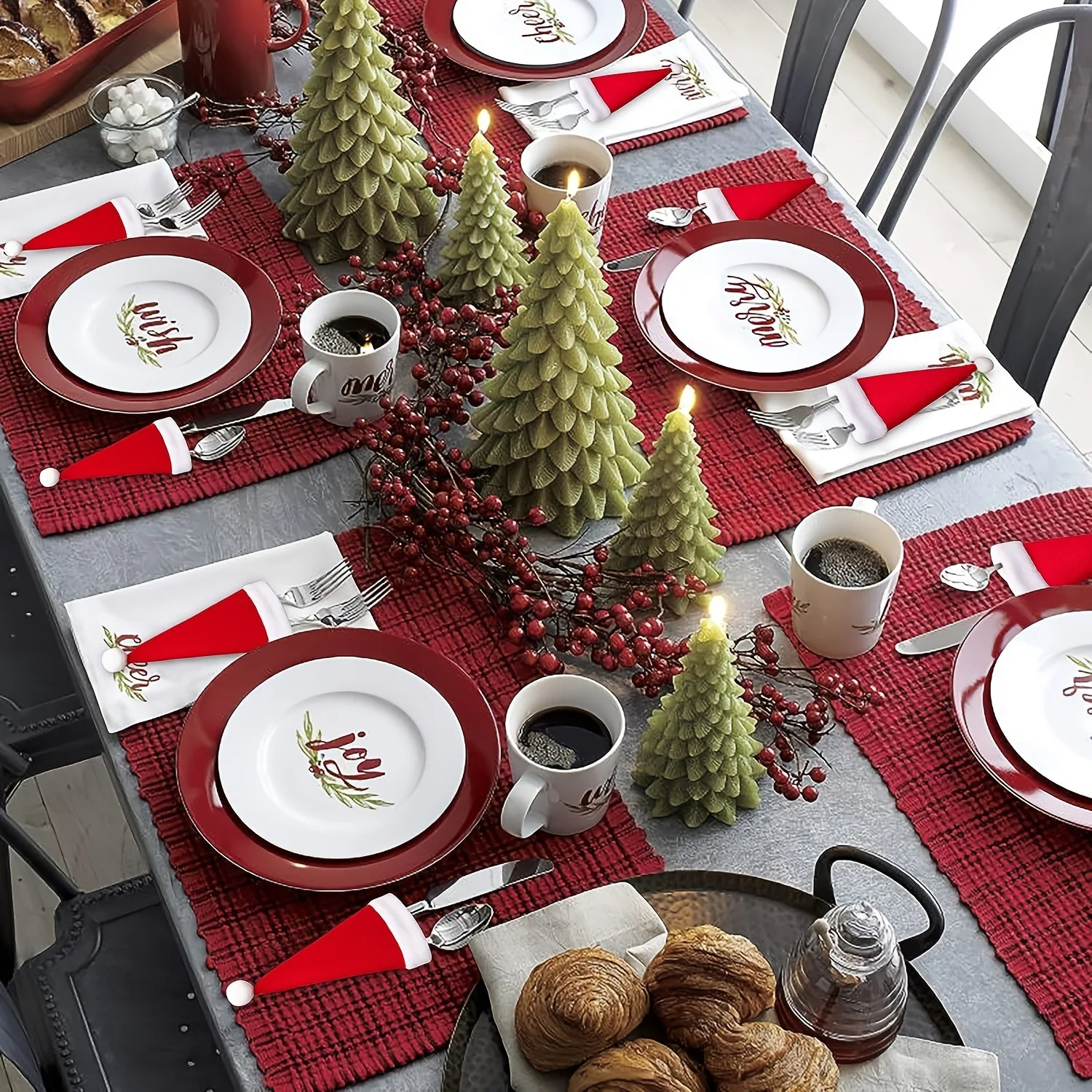 Christmas Mini Hat with Red Knife and Fork Set and Wine Bottle Cover - 10 Pieces of Christmas Small Hats for Table Decoration It