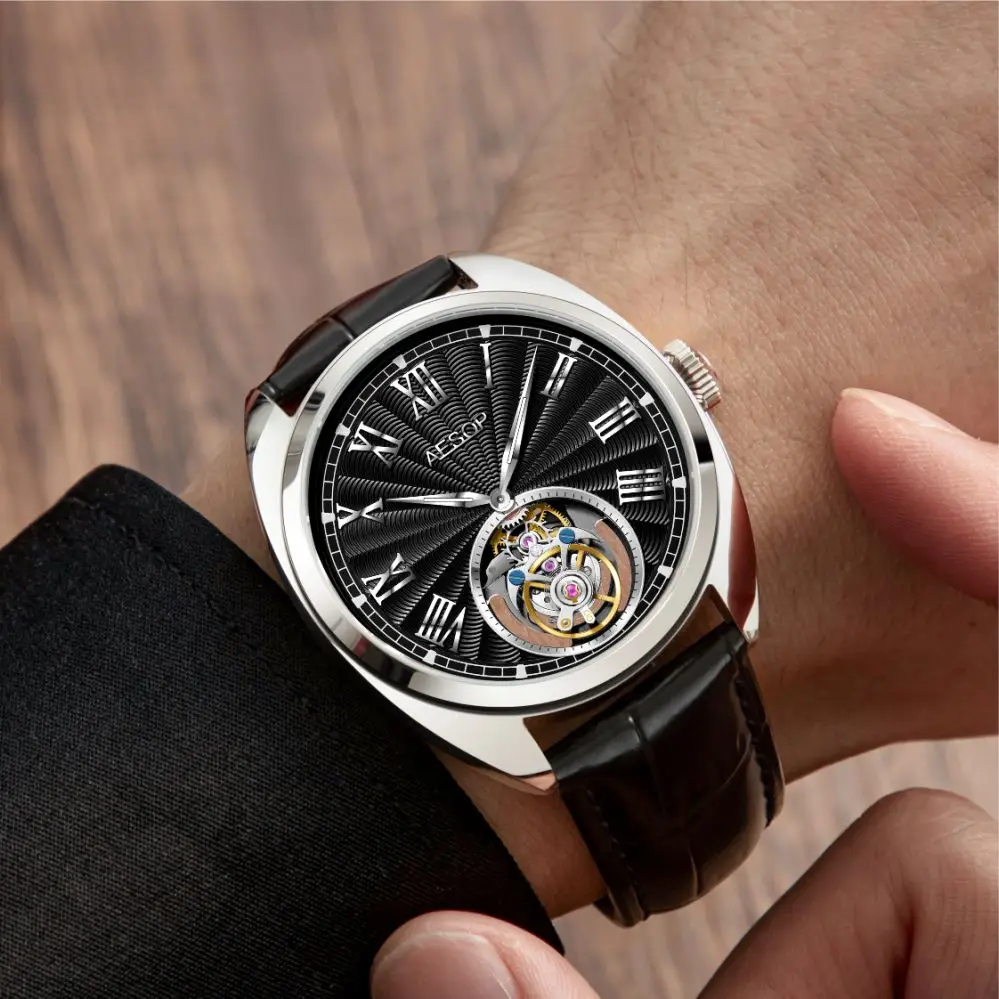 AESOP 100% Real Flying Tourbillon Skeleton Watch for Men Mechanical Wristwatches Male Clocks Sapphire Crystal Waterproof Watches