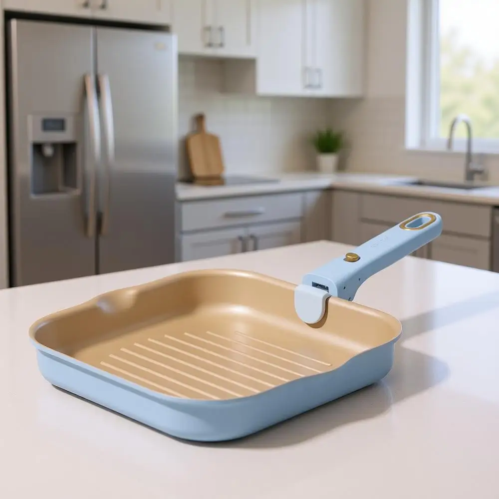 

Набор антипригарных сковород для гриля с титановым покрытием, 10 дюймов, со съемной ручкой, совместим со всеми типами плит, синий