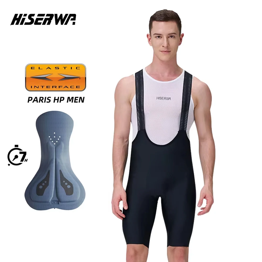 

HISERWA Men Cycling Bib Shorts Pro 7 Hours Elastic Interface Ride Pad Tights Bretelle Seamless MTB Road Racing Bicycke Bib Short