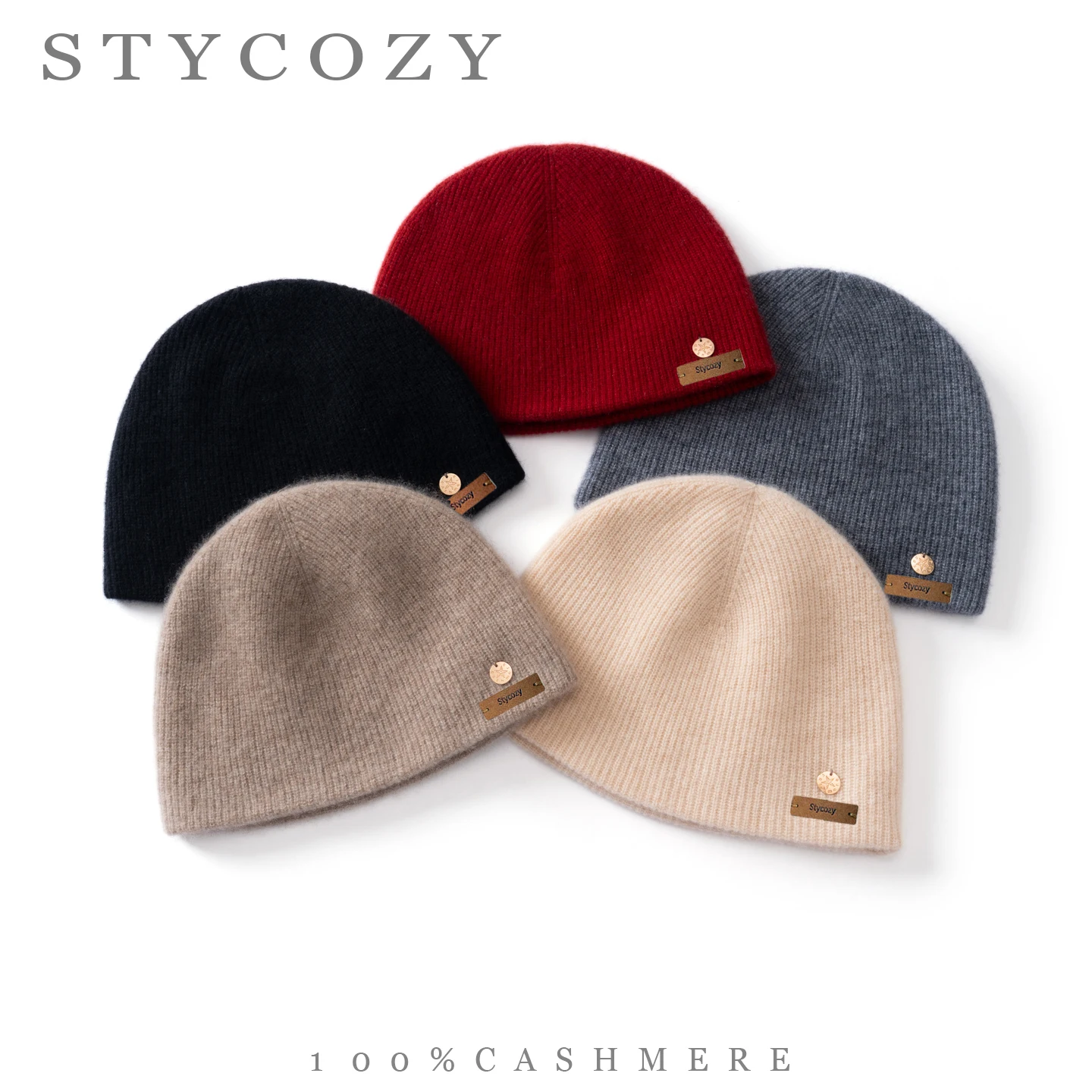 100% Cashmere Ribbed Beanie Hat Women Metal Round Tag Decor Soft Elastic Knitted Cap Warm Winter Unisex Casual Daily Headwear