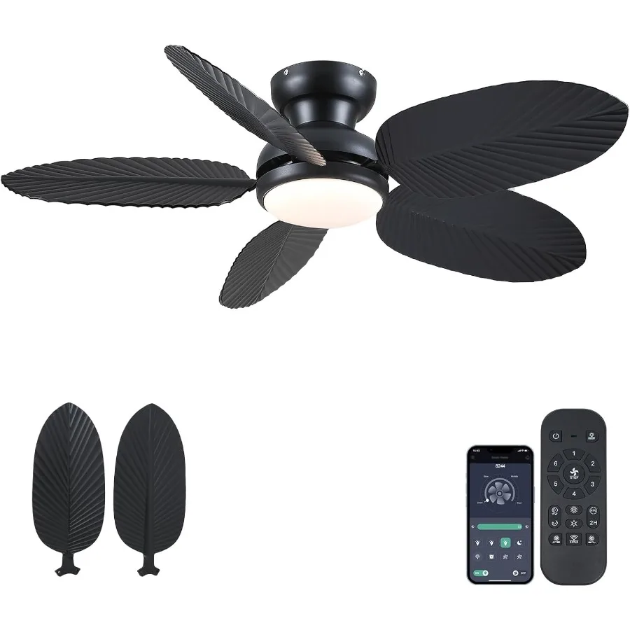 

Tropical Palm Leaf Ceiling Fans with Lights Black Ceiling Fan with Light and Remote 3CCT Dimmable Light 5 Blades Reversible 6 S