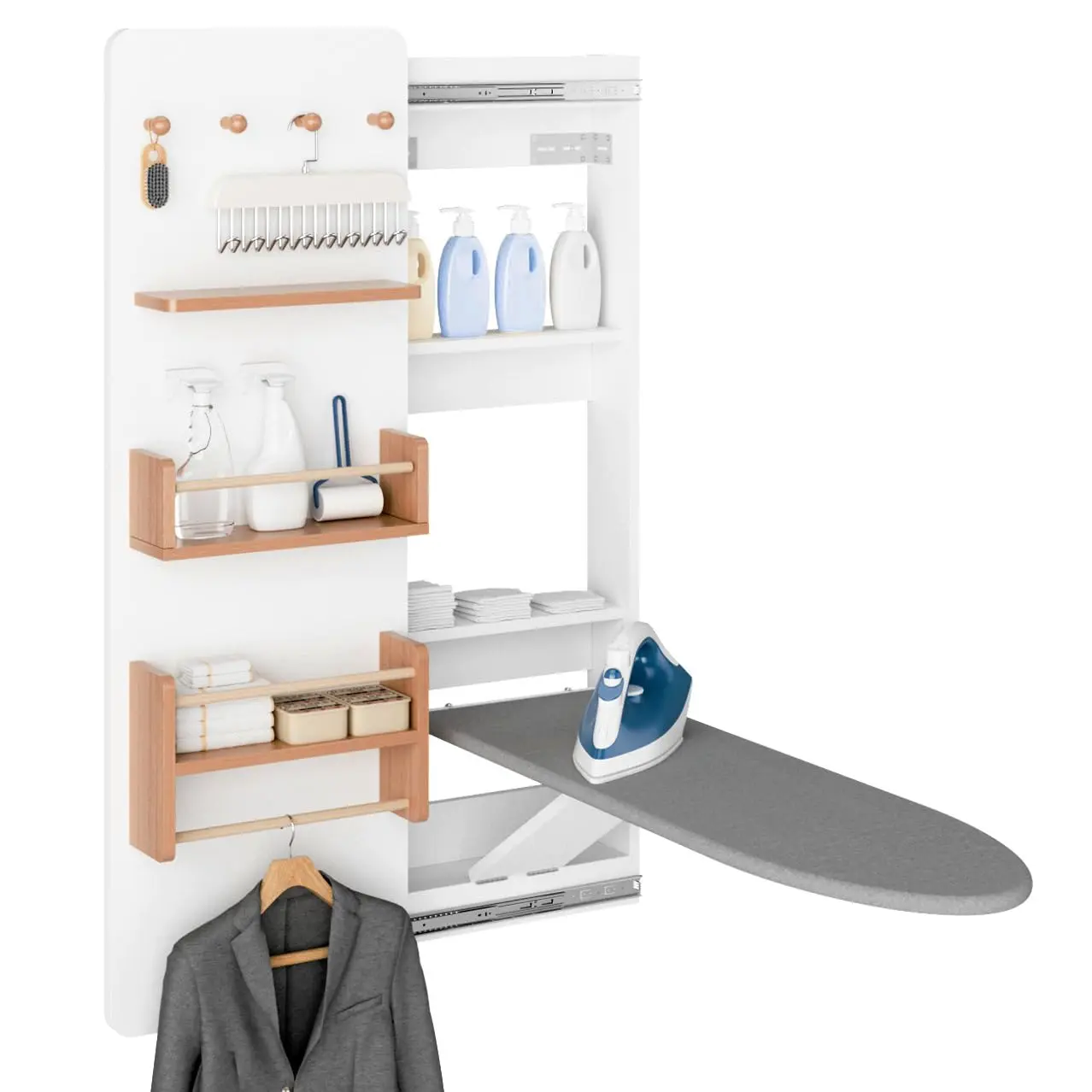 #Wall Mounted Ironing Board Cabinet with Storage Foldable Sliding Door Space Saving Laundry Living