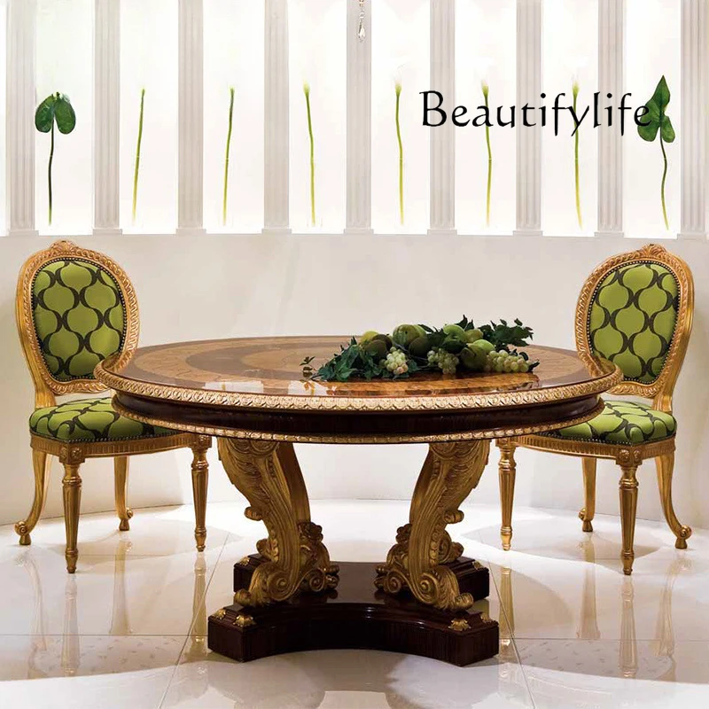 

Furniture European restaurant parquet carved large round dining table high-end dining table and chair combination