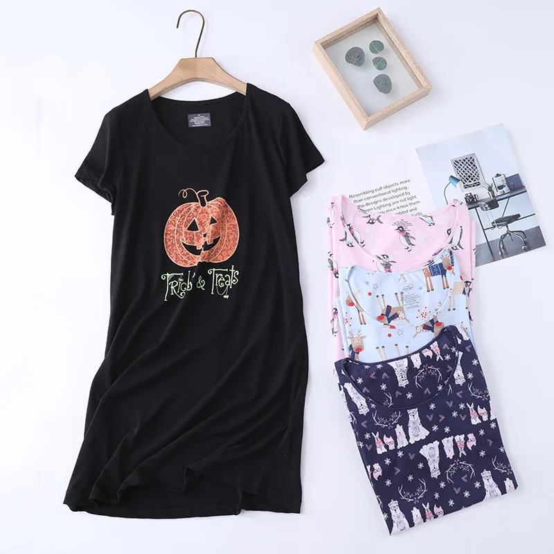 

Летнее женское повседневное платье для сна с принтом, хлопковая одежда для дома, ночная рубашка, женская с коротким рукавом, высокое качество, свободное домашнее платье больших размеров