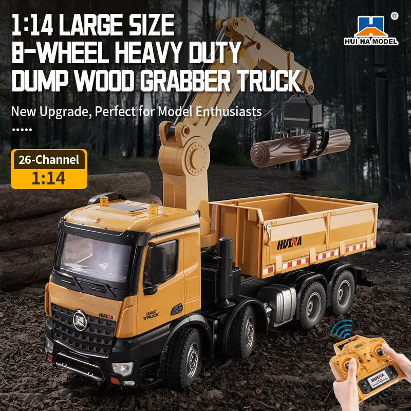 HUINA Model 1:14 26 Channel Alloy Remote Control Dump Truck With Wood Grabbing 3in1 RC Simulation Construction Vehicle Toy Car