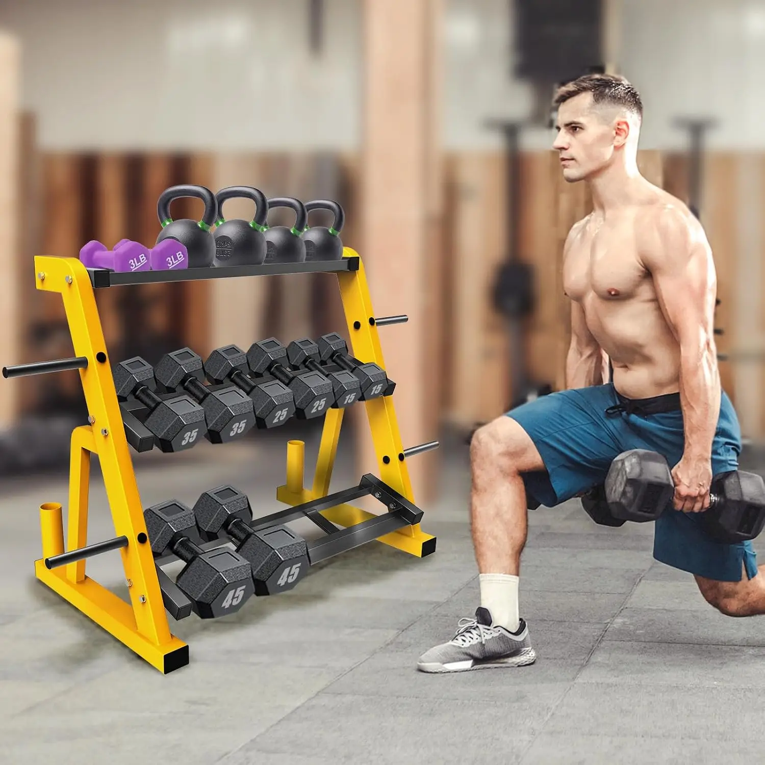 Heavy Duty Three Tier Dumbbell Rack Stand Multifunctional Weight Rack Storage Holder Display Stand Base Unit For Dumbbell Kettlebell Barbell Plate Barbell Bar Home Gym Yellow Black - view 5