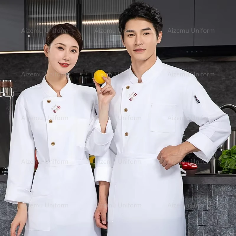 Grijze chef-kok jas met lange mouwen ademende chef-kok jas restaurant keuken zwarte mannen chef-kok uniform schort werkkleding vrouwen logo