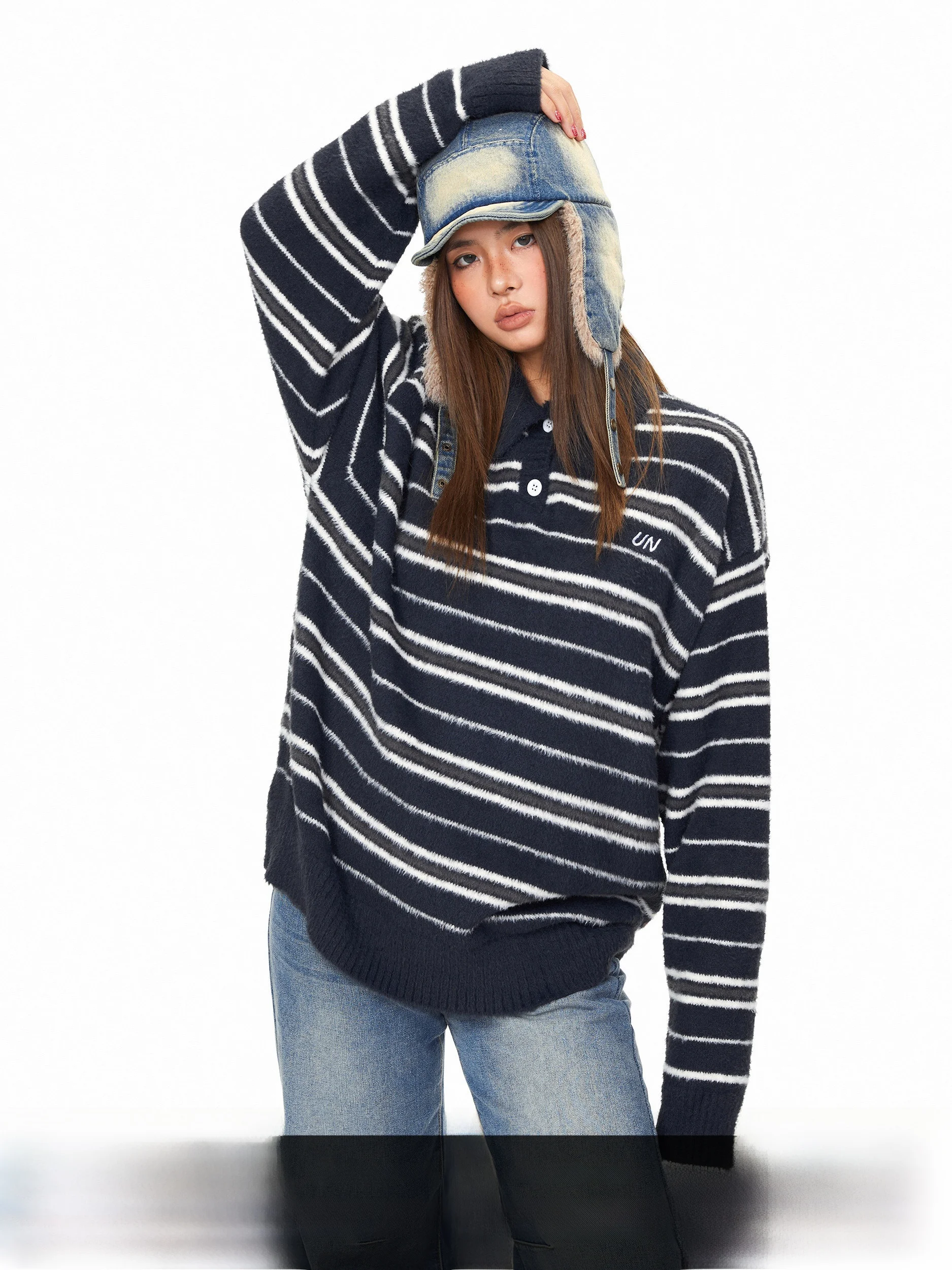 

Blabb Striped Patchwork Embroidered Ne Sweater Loose Lazy Overhead Knitted Winter Faion Brand Women's Knitwear