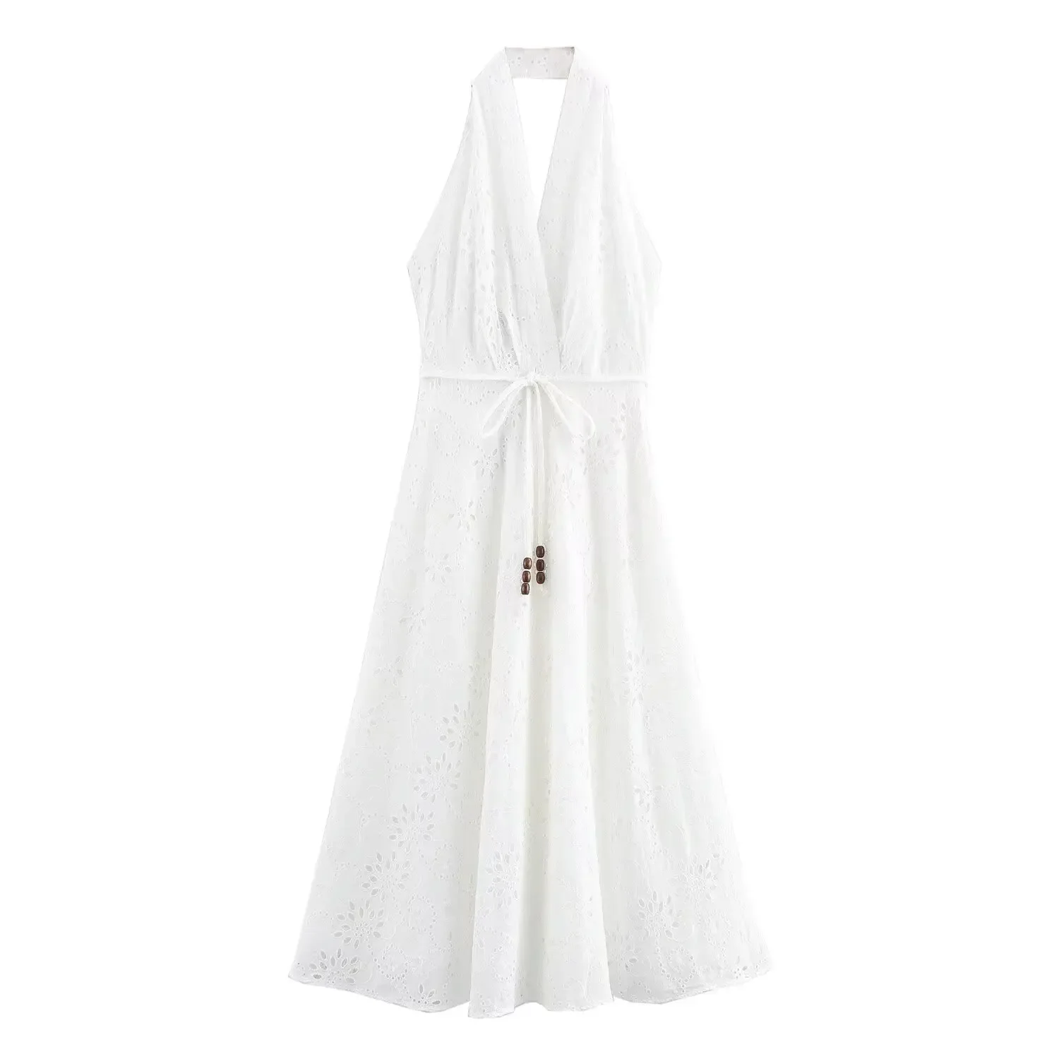 

Women's new fashion bead belt decoration hollow embroidery hanging neck MIDI dress retro sleeveless backless women's dress Mujer