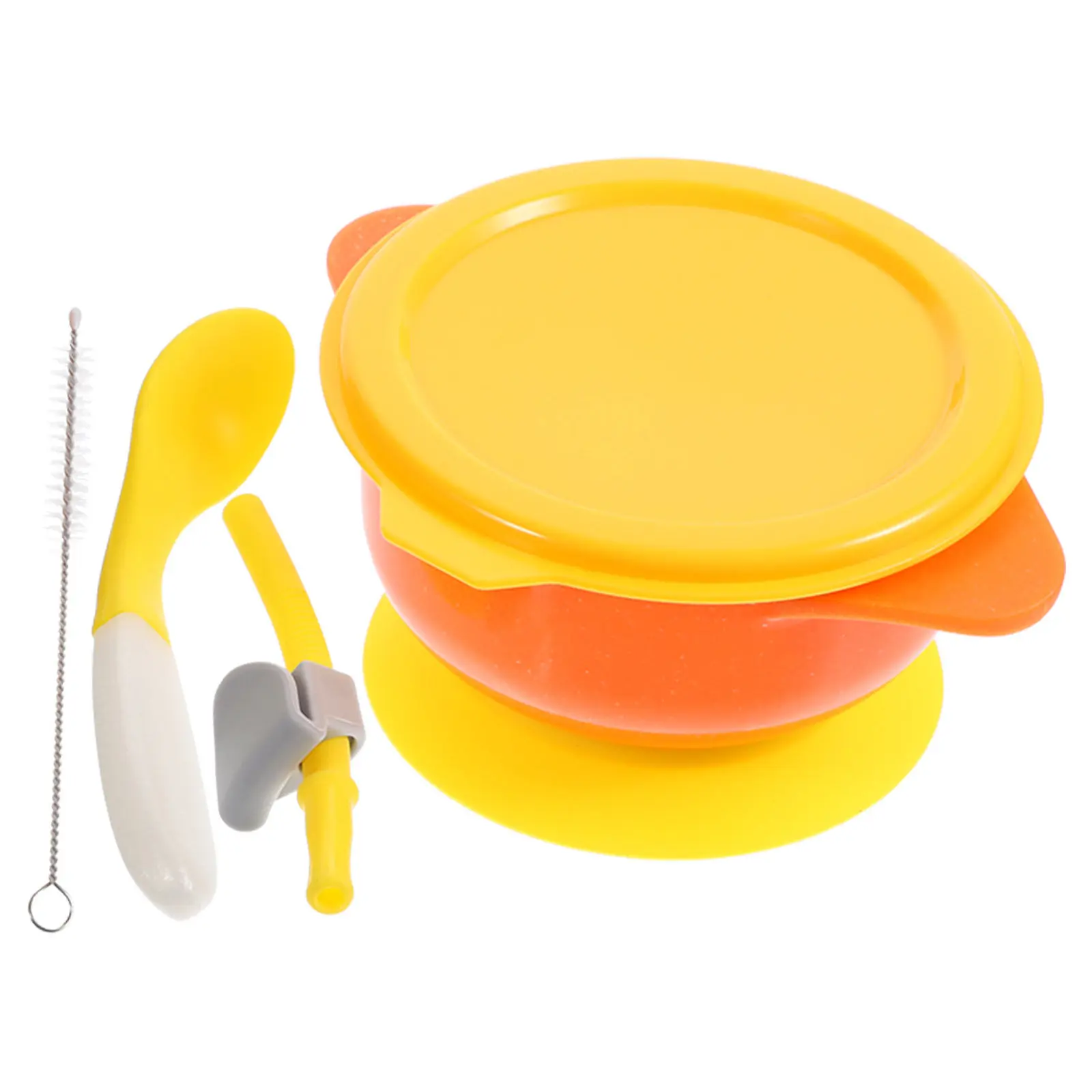 

1Set Suction Base Baby Food Bowl Anti-Scald Design with Lid Spoon Straw Cleaning Brush Bright Color Toddler Self Feeding Bowl
