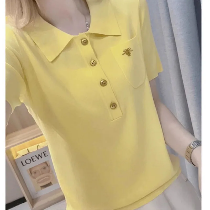 Women's Clothing Young Style T-shirt Summer Embroidery Knit Short Sleeve Button Tee Lady Basic Versatile Turn-down Collar Top