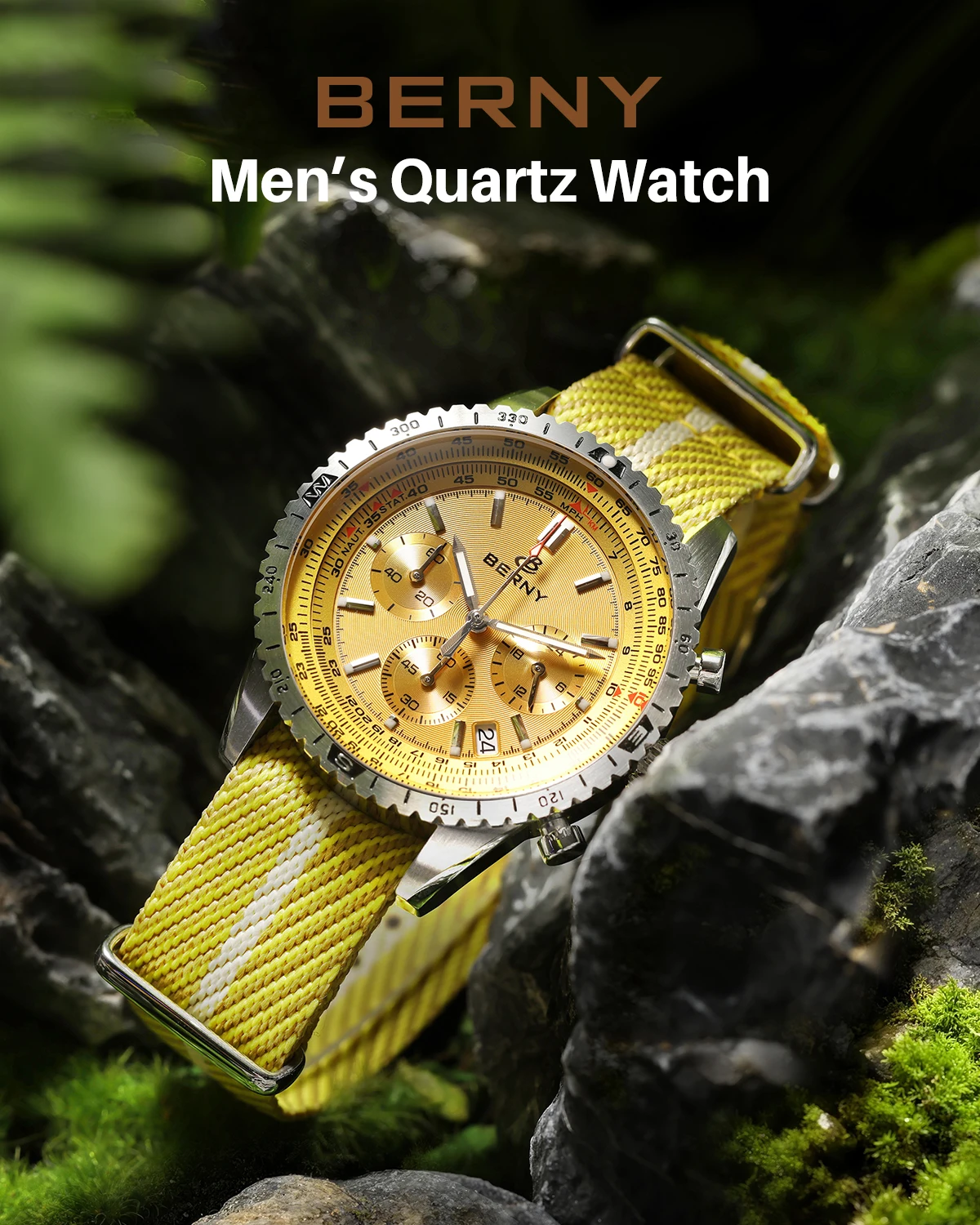 BERNY Chronographen-Uhren für Herren, superleuchtende, multifunktionale Quarz-Herrenuhr mit Datum, Saphir-Nylonarmband – Detail 1