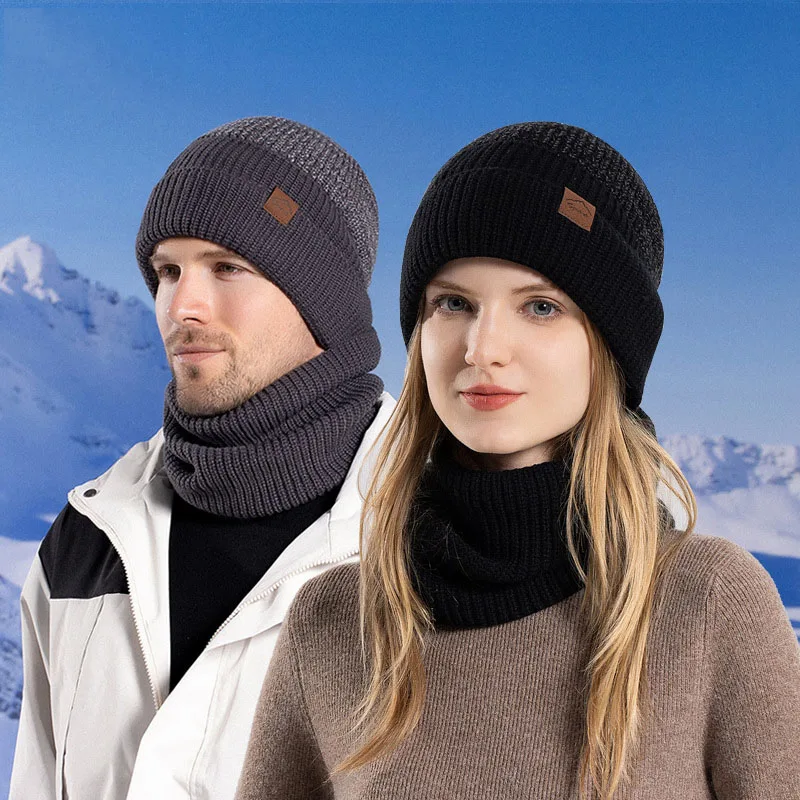 Winter Thermal Fisherman Beanies Scarf Set For Men Women Thick Plush Neck Warm Snow Ski Caps Outdoor Fleece Knitted Beanie Hat