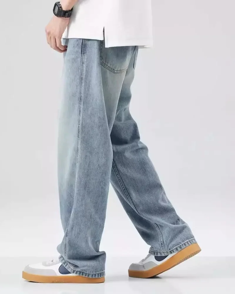 جينز جديد ذو سكين منحني للرجال بنطال جينز أمريكي عتيق مغسول بأرجل واسعة للفصول الأربعة فضفاض مستقيم الساق يشعر جينز الشارع