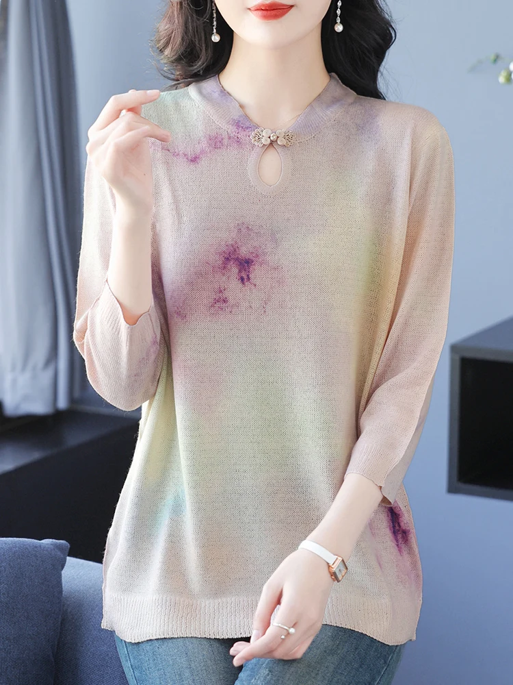 

Tie-dye Print Summer Knitted T Shirt Women Sweater Pullovers Clothes For Women Tees Top Half Sleeve Women's T-shirt