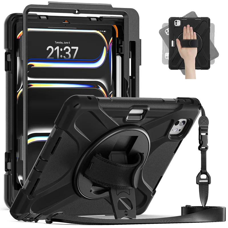 Wstrząsoodporne etui na iPada Pro 11 12.9 13 M2 M4 2024 Cover iPad Air 13'' 11'' 2025 4th 5th 10.9 11th 11 Funda Coque+Shoulder Strap
