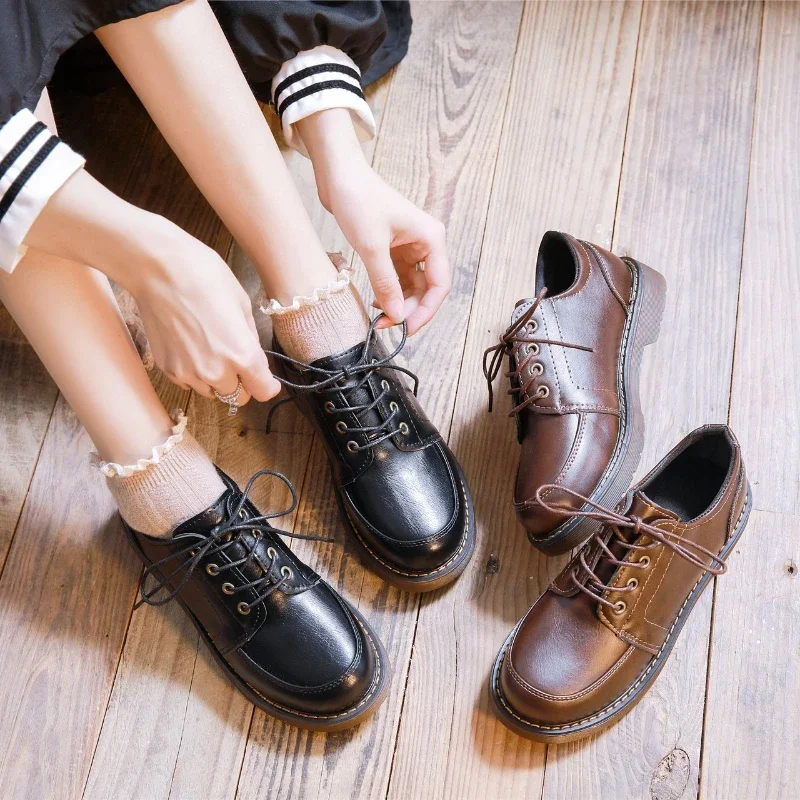 British Style Small Leather Shoes 2023 Autumn School Lace Up Women Shoes Retro Brown Black Single Shoes Round Toe Women Loafers