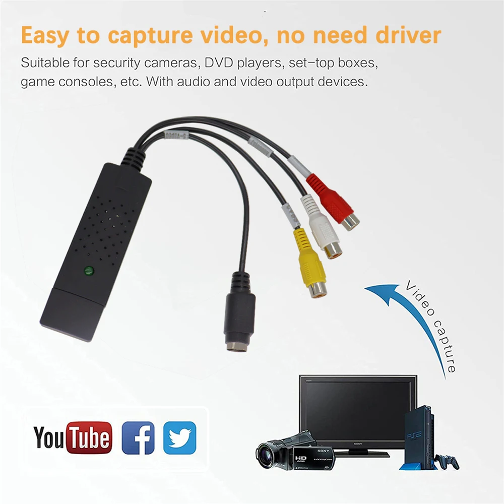 

USB 2.0 Video Capture Card 4 Channel S-Video 3RCA Video TV DVD VHS DVR EZCap Grabber for Laptop PC Recording Live Broadcast