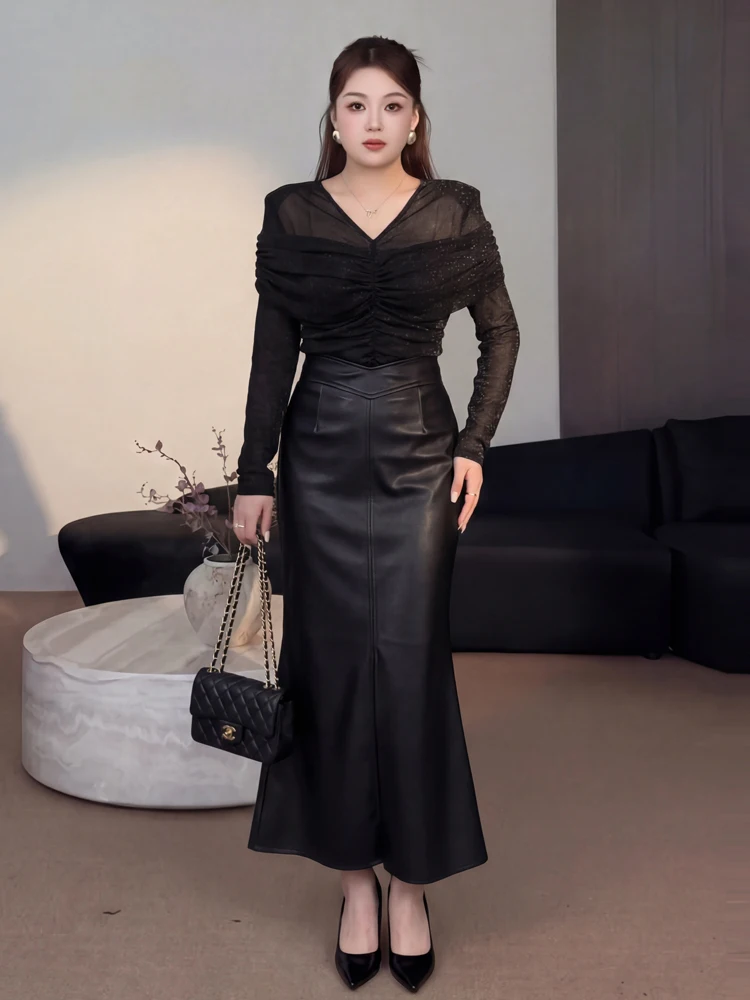 

Весенняя новинка: Модный комплект больших размеров для женщин – футболка и кружевная юбка с высокой талией, А-силуэт, длинная юбка-миди