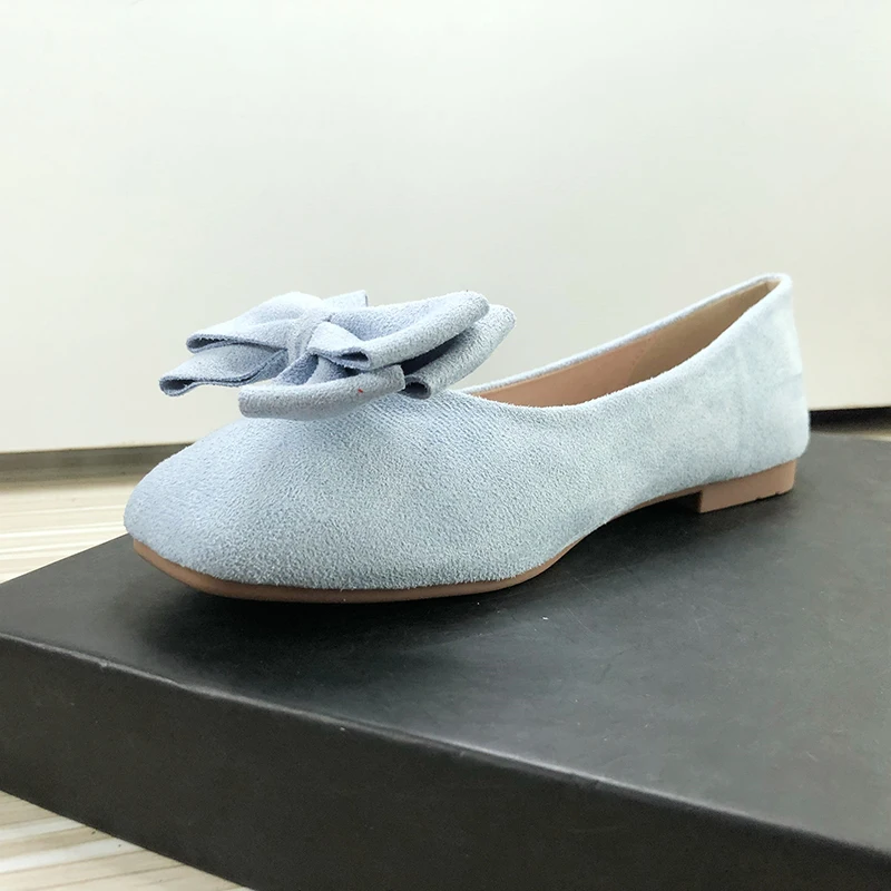 Women Flats Boat Shoes Sky Blue Round Head Bowknot Size 33-43 Flat Shoes for Female Velvet Leather High Quality Summer Shoes