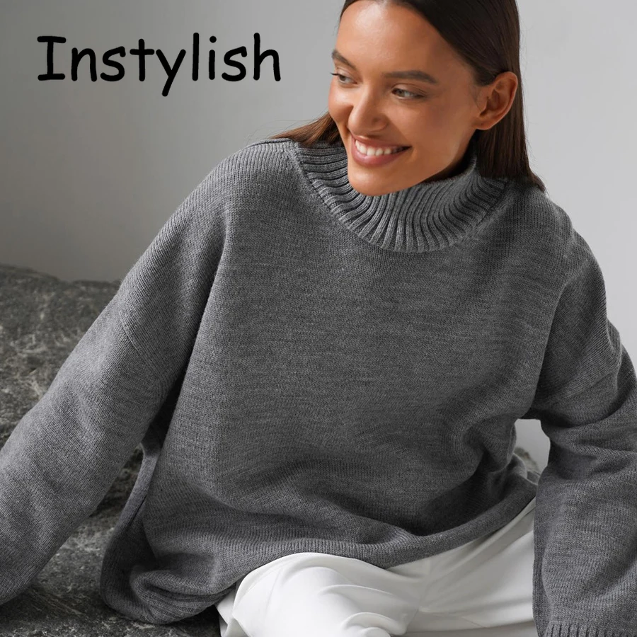 

Ladies High-end Loose Versatile Knitted Sweater Solid Color Retro Warm Pullover High-Neck Knitted Sweater For Autumn And Winter