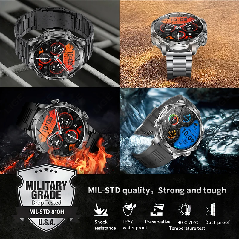 LIGE 2025 Outdoor Smart Watch Men 700mah Large Battery Flashlight Military Watches 1.90'' HD Bluetooth Call Sport Smartwatch Man