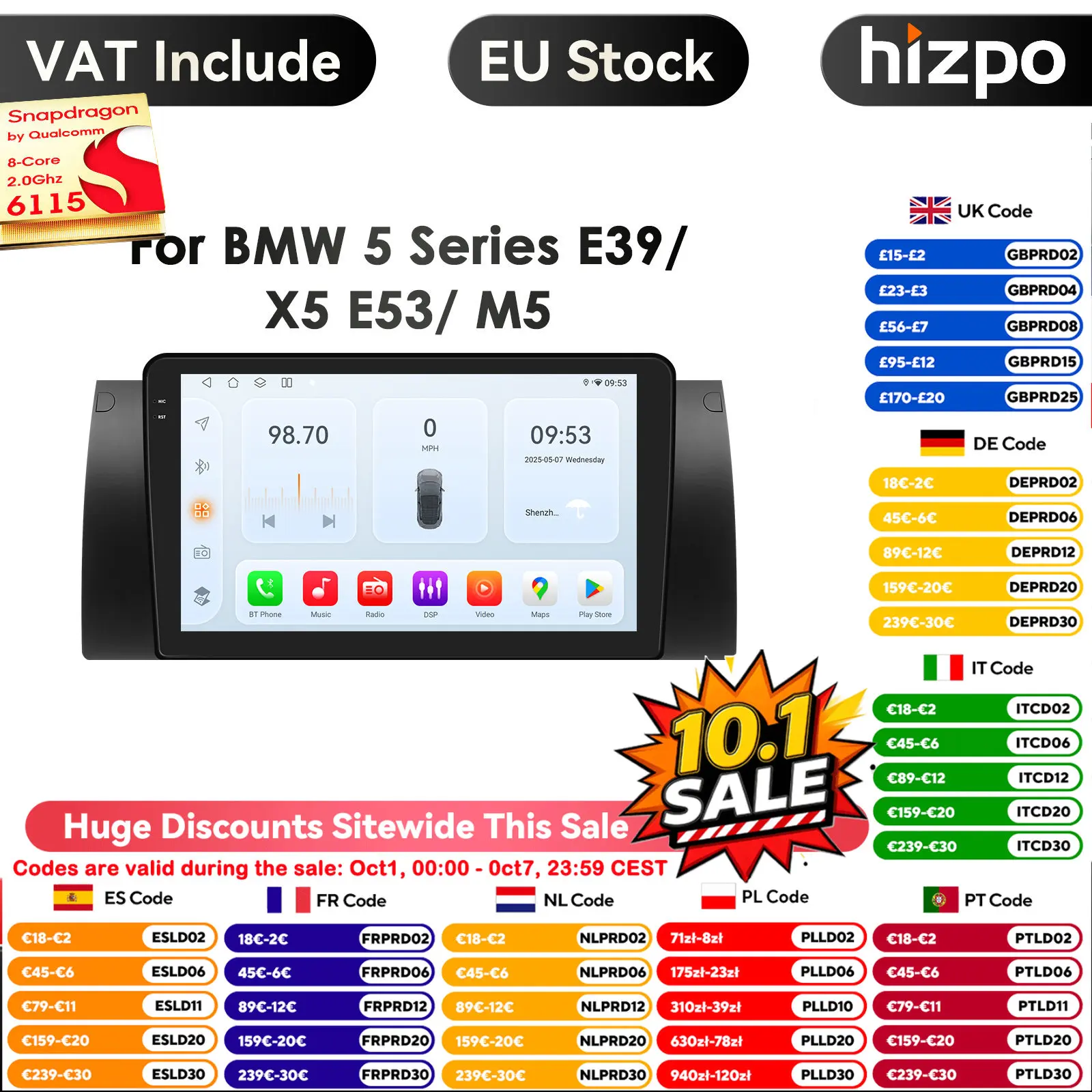 8 + 128G Android 14 Autoradio Lettore Video Multimediale per BMW 5 E39 E53 X5 1995-2001 2002 2003 2004 2005 2006 Navigazione GPS 2 Din