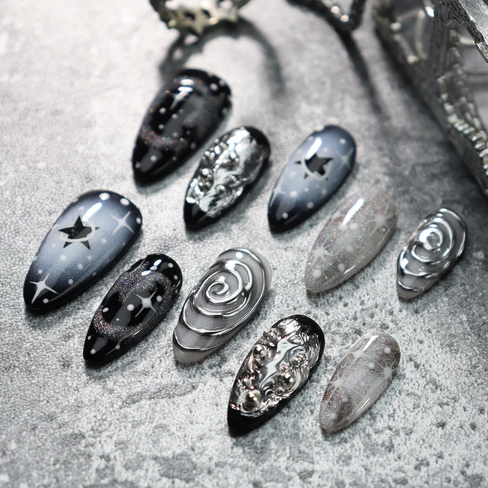 เล็บปลอมทรงอัลมอนด์ 10 ชิ้น ลายดาวสีเข้ม แบบเจลติดกาว พร้อมสีประกายวิ้ง