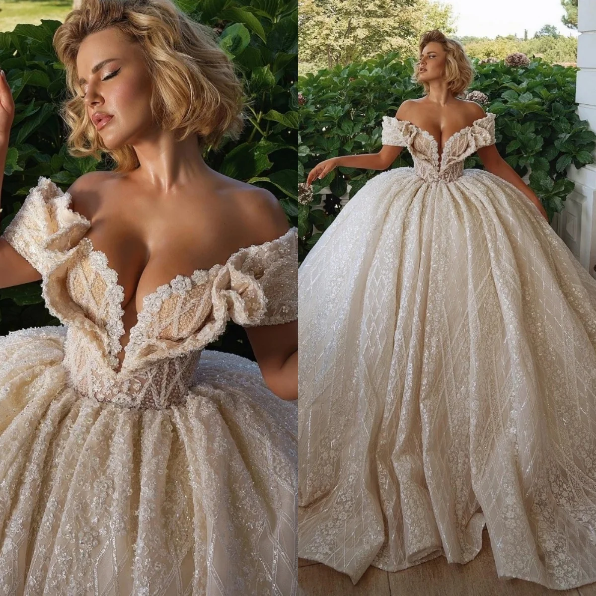 

Vintage Wedding Dresses Off Shoulder Bridal Ball Gowns Appliques Sequins Princess Customized Bride Vestidos De Novia