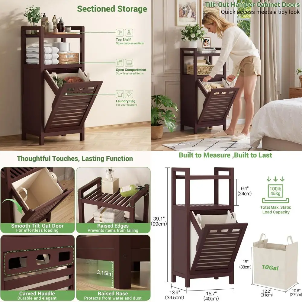 

10 Gallon Bamboo Laundry Hamper Cabinet with Removable Basket, Space-Saving Organizer for Dirty Clothes, Suitable for Bathroom a