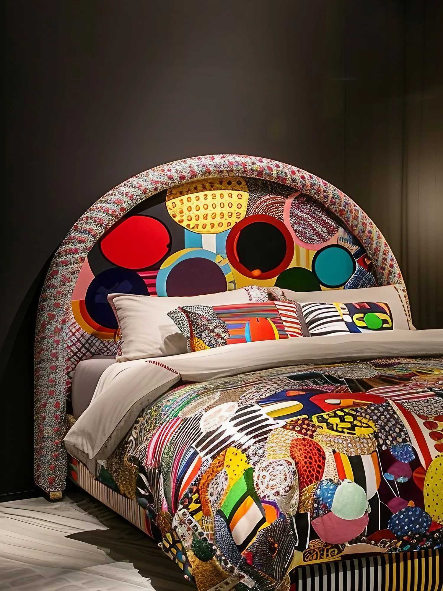 Cama de casal em tecido com impressão e tingimento de bolinhas dopamina